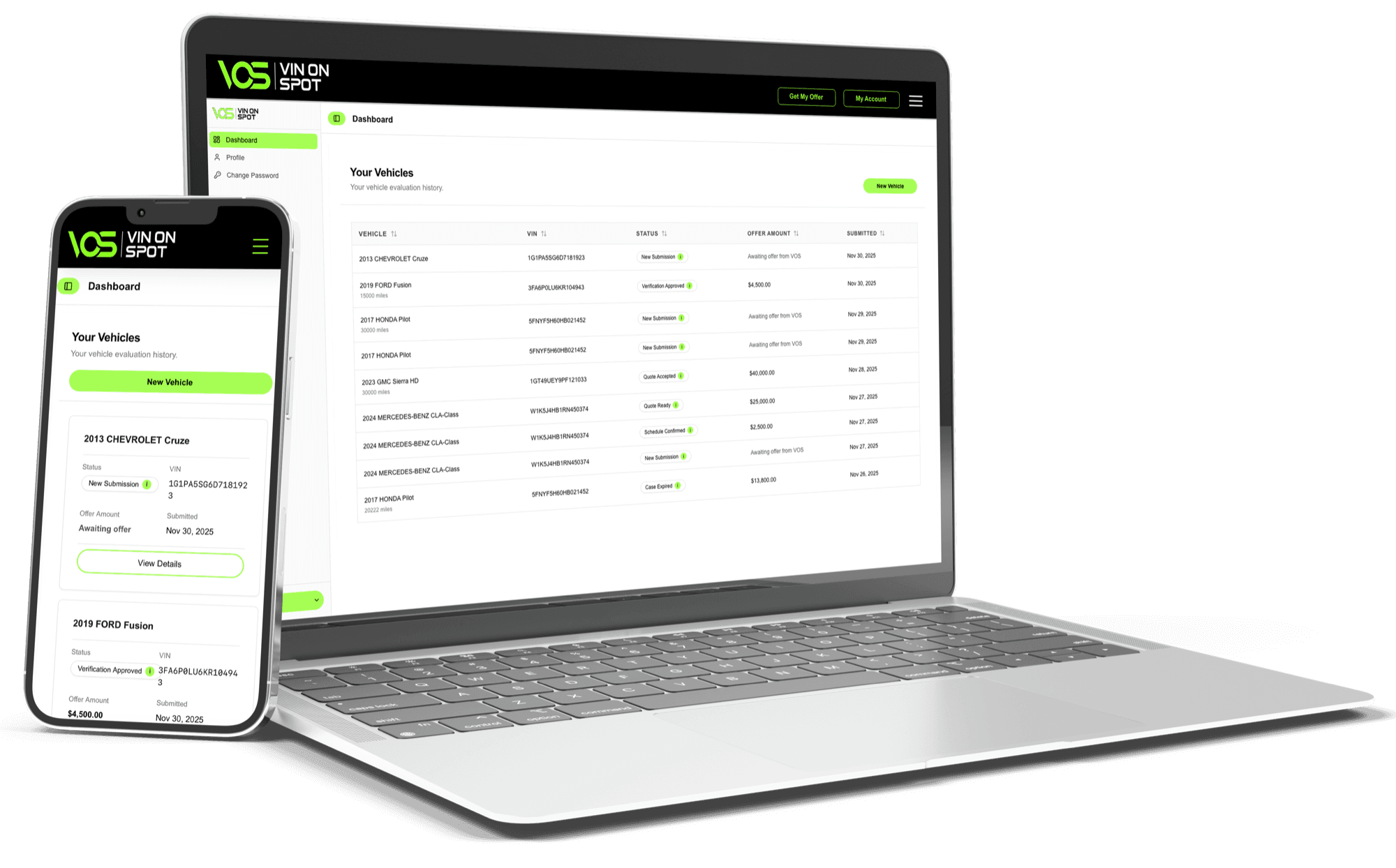 The VIN On Spot customer portal shown on a laptop and phone, tracking vehicle offers